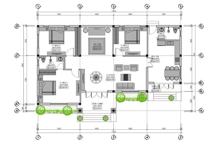 Bản vẽ nhà cấp 4 3 phòng ngủ 100m2