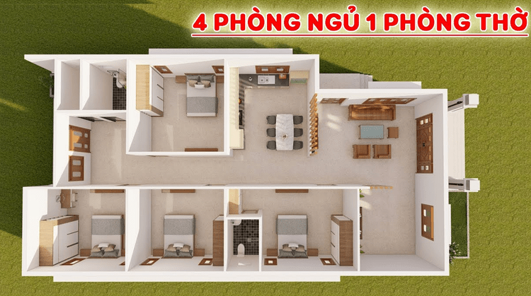 bản vẽ 3D nhà cấp 4 mái Nhật có 4 phòng ngủ 1 phòng thờ