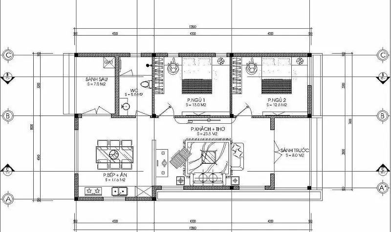 Bản vẽ nhà cấp 4 2 phòng ngủ tiện nghi, tối ưu không gian