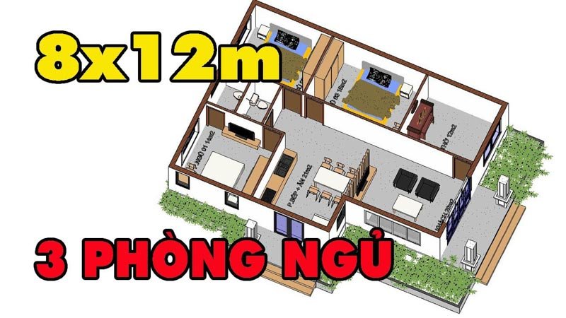 Bản vẽ nhà cấp 4 8x12m 3 phòng ngủ