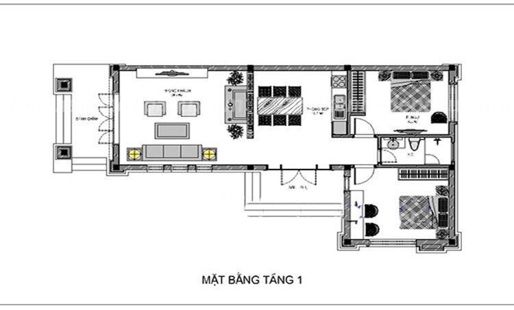 Bản vẽ nhà cấp 4 chữ L mái tôn có 2 phòng ngủ tiện nghi