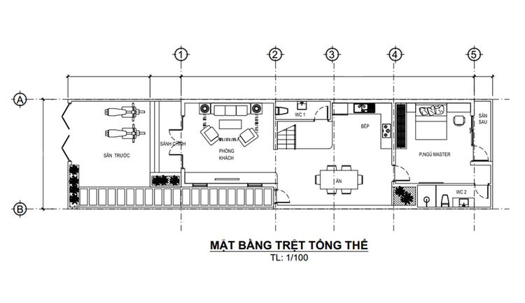 bản vẽ nhà cấp 4 mái bằng 5x20