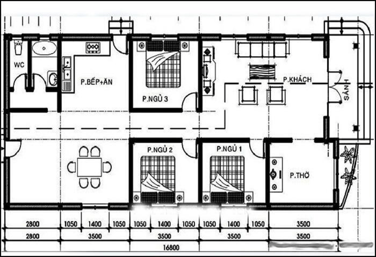 Bản vẽ nhà cấp 4 mái Nhật 3 phòng ngủ 100m2