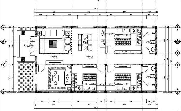 Bản vẽ nhà cấp 4 mái Nhật 3 phòng ngủ