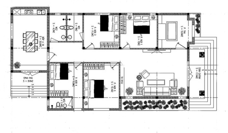 Bản vẽ nhà cấp 4 mái Nhật 4 phòng ngủ