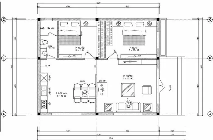 Bản vẽ nhà ống cấp 4 thiết kế mái Thái thoát nước, phổ biến nông thôn Việt Nam