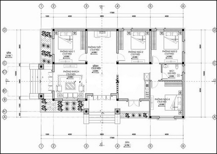 Bản vẽ thiết kế nhà cấp 4 mái Nhật 3 phòng ngủ 1 phòng thờ