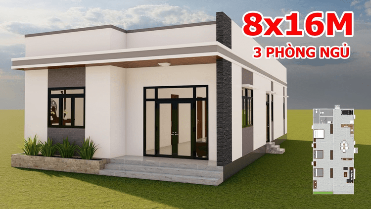 mẫu nhà cấp 4 mái bằng 8x16m