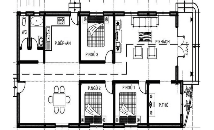 Bản vẽ nhà cấp 4 3 phòng ngủ 1 phòng thờ