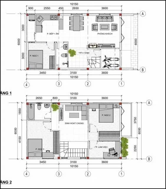 Bản vẽ nhà 2 tầng đẹp, tiện nghi