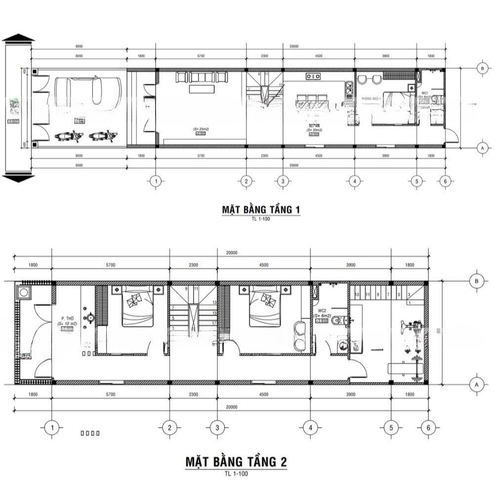 Bản vẽ nhà cấp 4 2 tầng với diện tích 5x20 đơn giản, tiện nghi