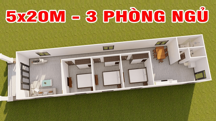 nhà cấp 4 mái bằng 3 phòng ngủ 5x20